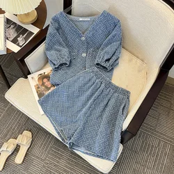 Two Pieces Women Summer Denim Suits Pring V-neck Loose One Breasted Tops Shirts+High Waist Wide Leg Shorts 2pcs Female Sets