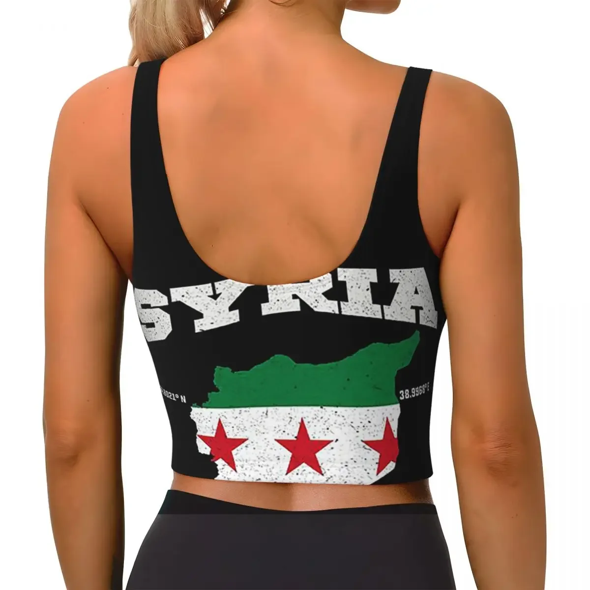 Custom Syrian Flag Map, Syria Coordinates, Syria Localisation Women Sports Bras High Impact Vest Gym Workout Yoga Crop Tank Tops