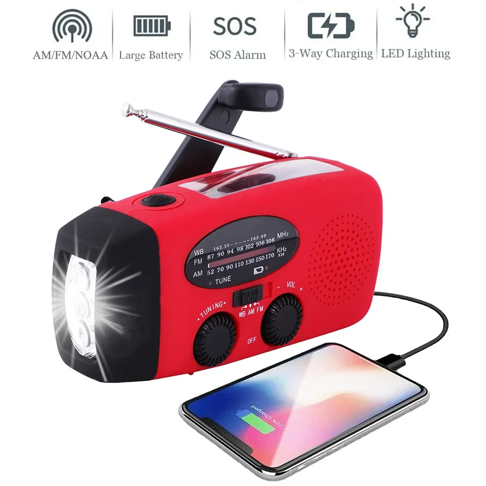 

AM/FM Radio With Solar Hand Crank Powered Camping Light Outdoor 2000mAh USB Charging Multifunctional Hand Dynamo LED Flashlight