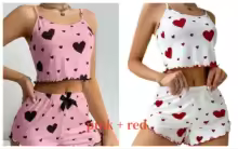 Pajama Sets Women Soft Tank Top Shorts Sleepwear - Pink Red