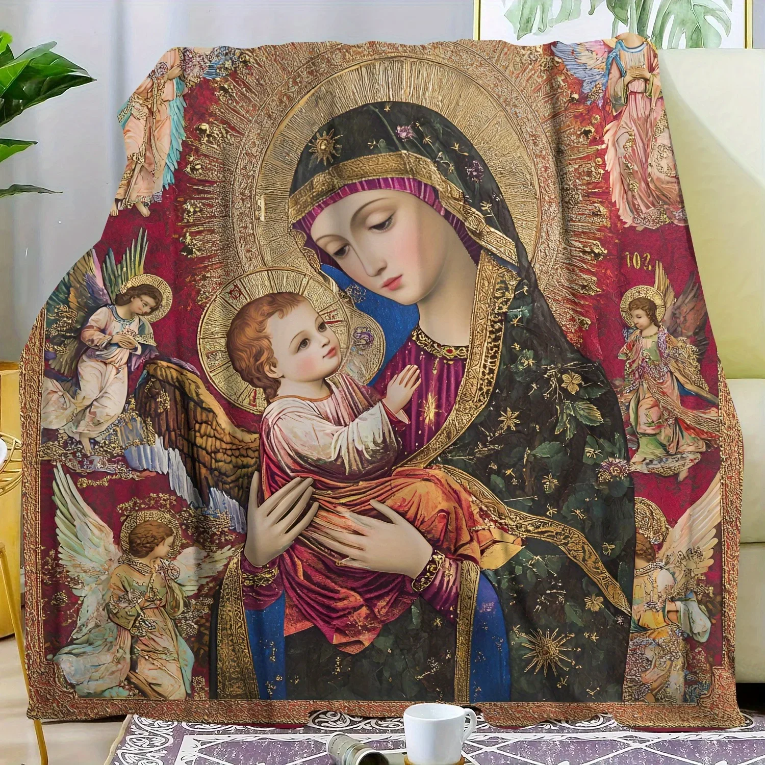 

Religious Embroidered Tapestry Print Blanket Soft Flannel Fleece Throw AllSeason Cozy Cabin Style Digital Print Polyester