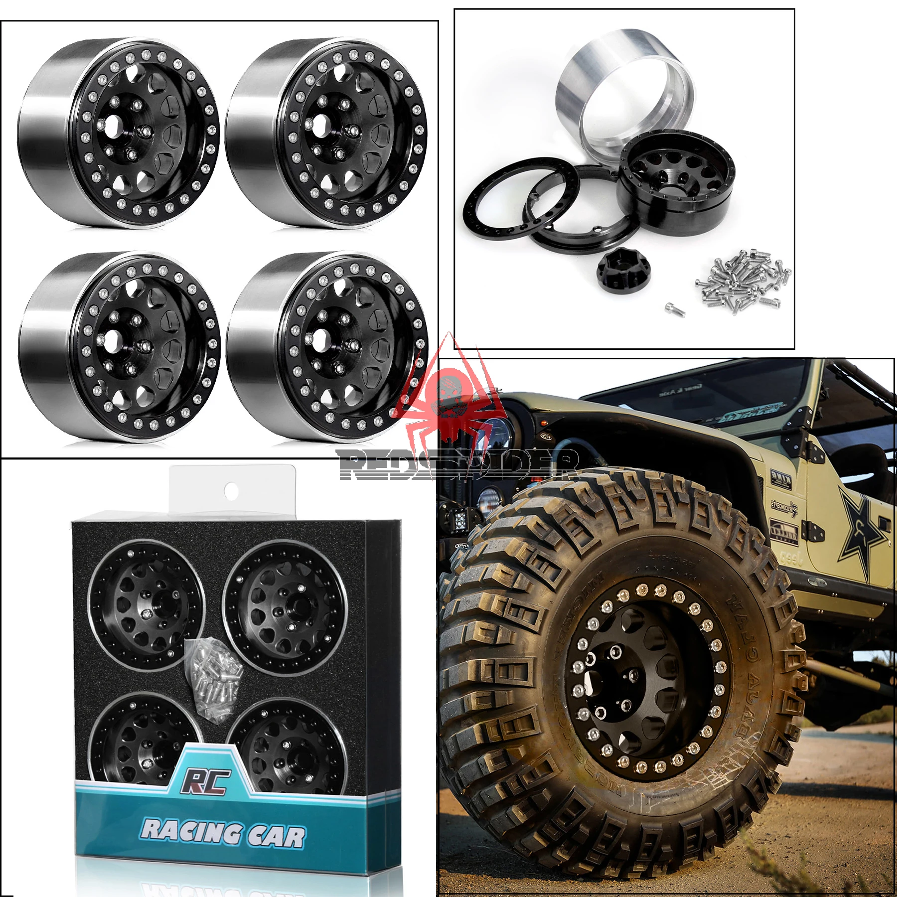 4 Uds. Llanta de rueda de aluminio de 1,9 "Beadlock Deep Dish con desplazamiento negativo de 11mm para coche trepador de control remoto TRX4 Axial SCX10 1/10