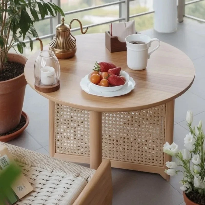 & Round Coffee Table Solid Wood Rattan Side Table for Living Room Balcony Tea Table Small Apartment Japanese Wabi Sabi Home