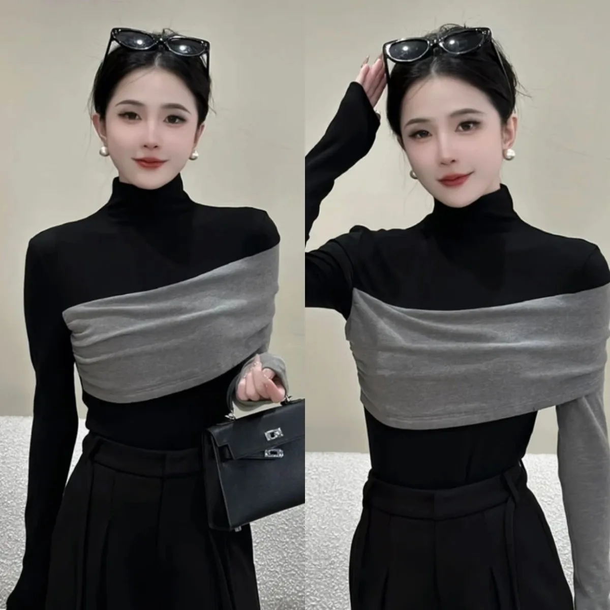 Slimming Effect Half High Collar Long Sleeve T-Shirt Women's Early Autumn Base Shirt Top Color Block Irregular Princess Style