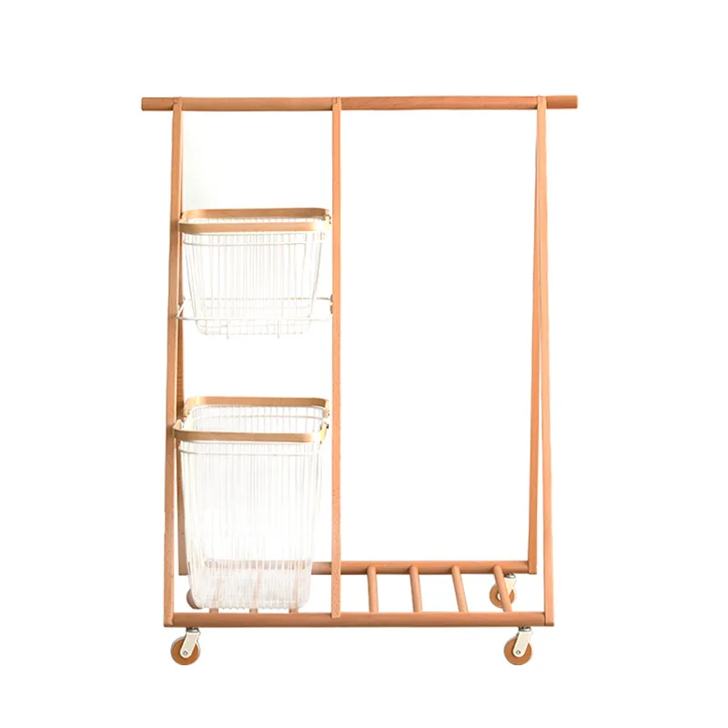 Solid wood floor coat rack, multi-functional laundry basket, removable hanger in household bedroom, simple indoor drying rack