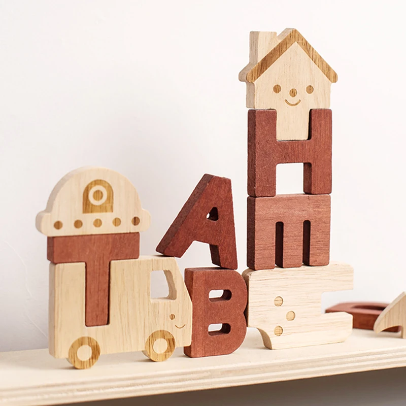 Wooden Alphabet Building Blocks Kit Montessori Materials Baby Toys 3D Stacked Bricks Early Educational Toys For Children