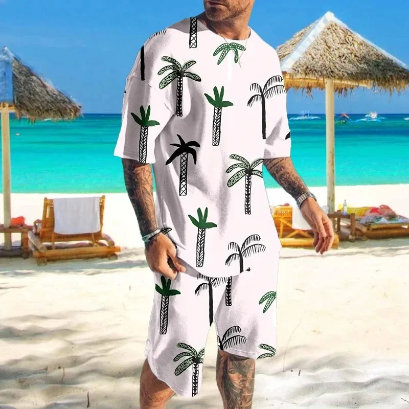 2025 New 3D Printed Hawaiian Sportswear Summer Men's Short Sleeved Shorts Set Fashion Street Wear T-shirt Sportswear