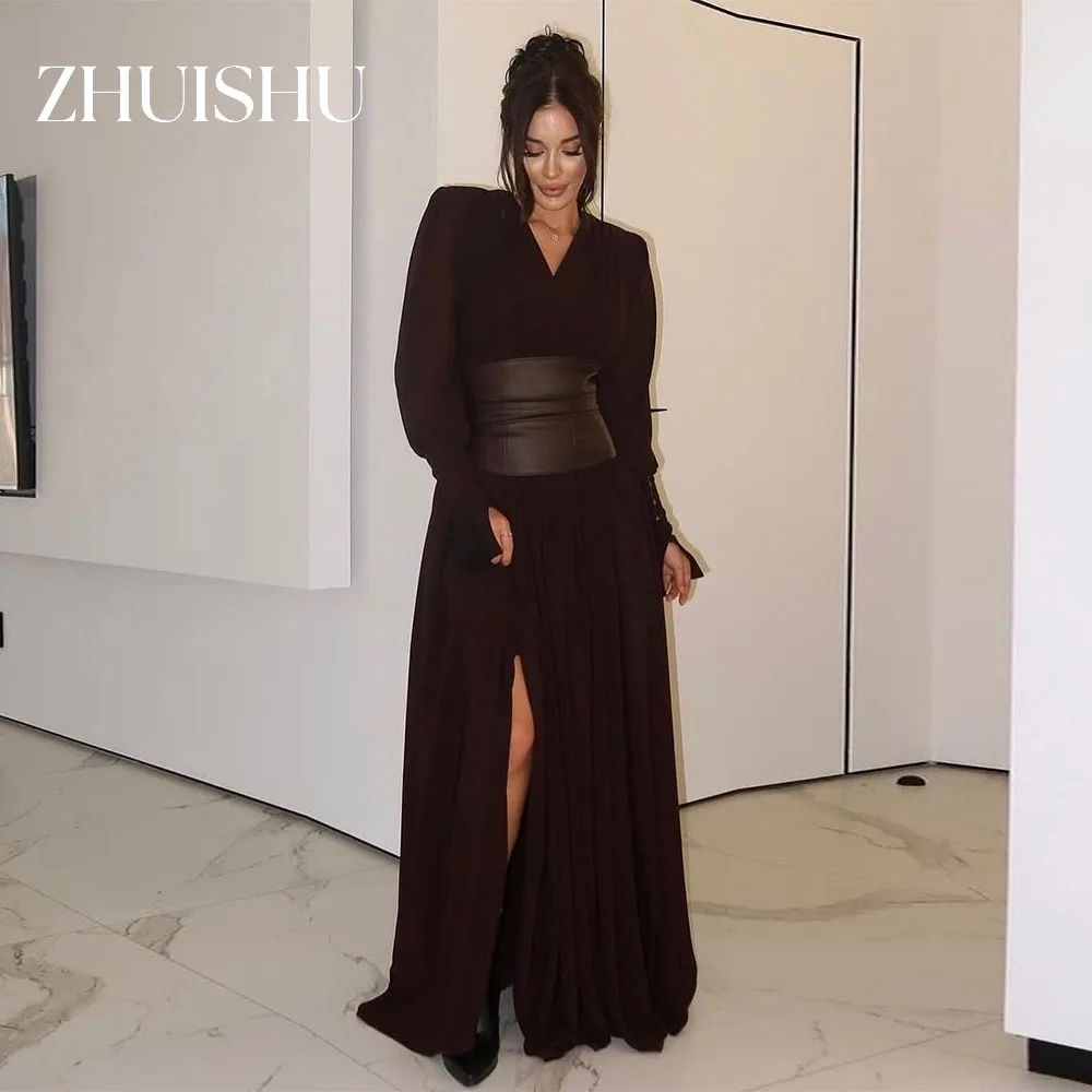 

ZHUISHU V-Neck Long Sleeves Evening Gown with Slit Long Prom Party Dresses Customized Formal Event Dress Dinner Wedding Guest