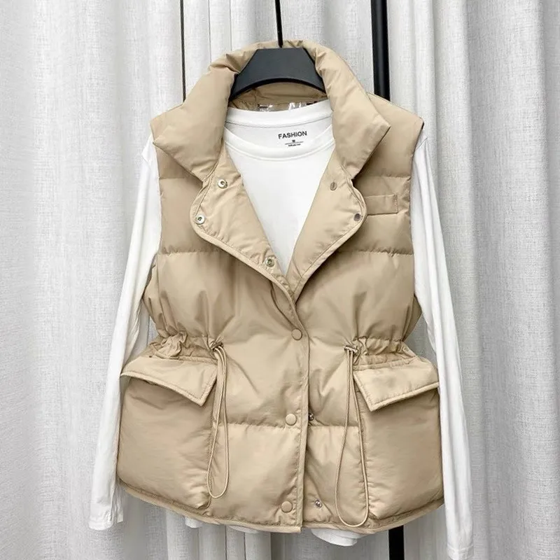 Parkas Women Vest Coats Thick Warm Sleeveless Turn Down Collar Drawstring Tight Waist Coat Single Breasted Autumn Winte Cardigan