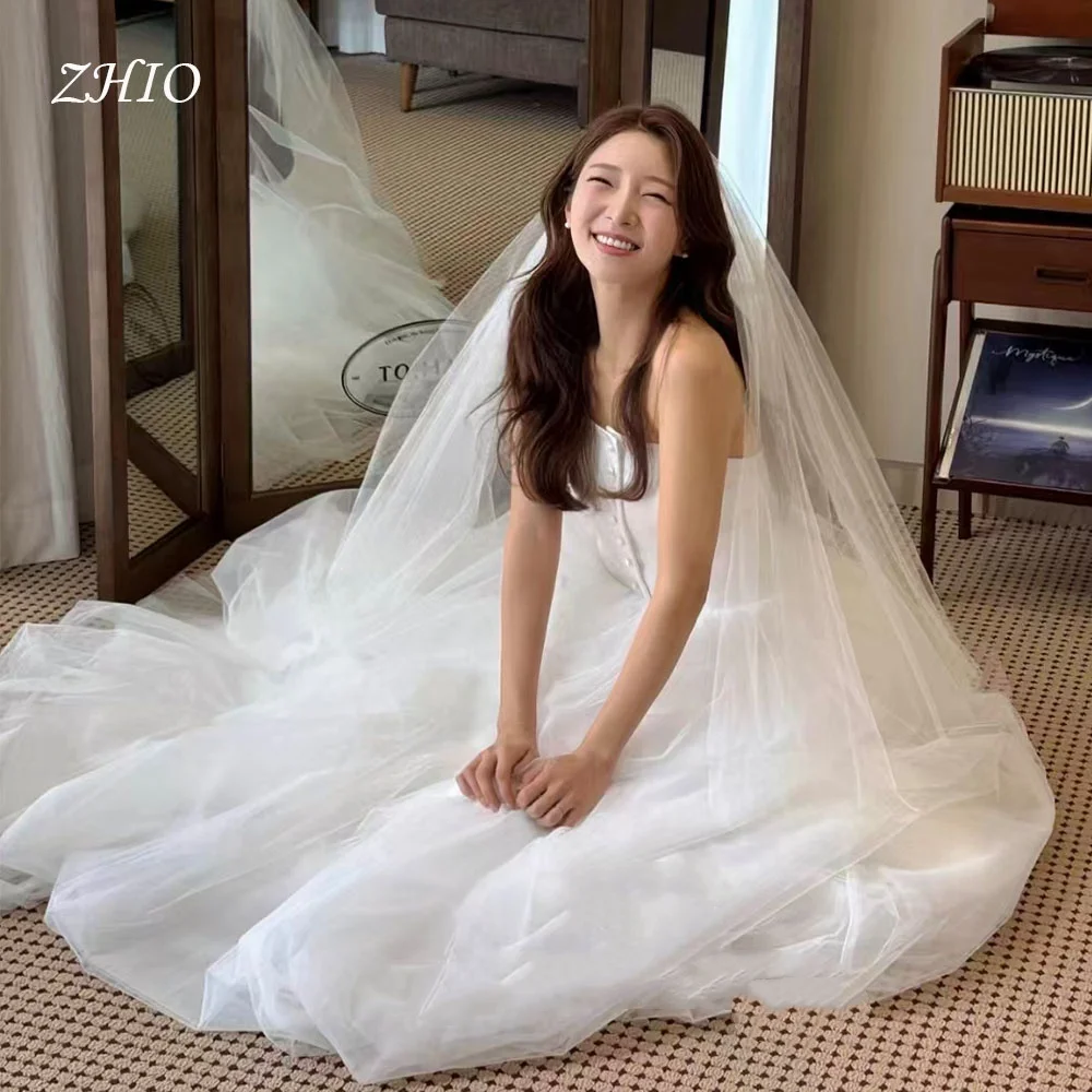 

ZHIO Elegant Buttons Wedding Dress Strapless A-Line Tiered Satin Draped Tulle Korea Photo Shoot Bridal Gown Custom 웨딩드레스