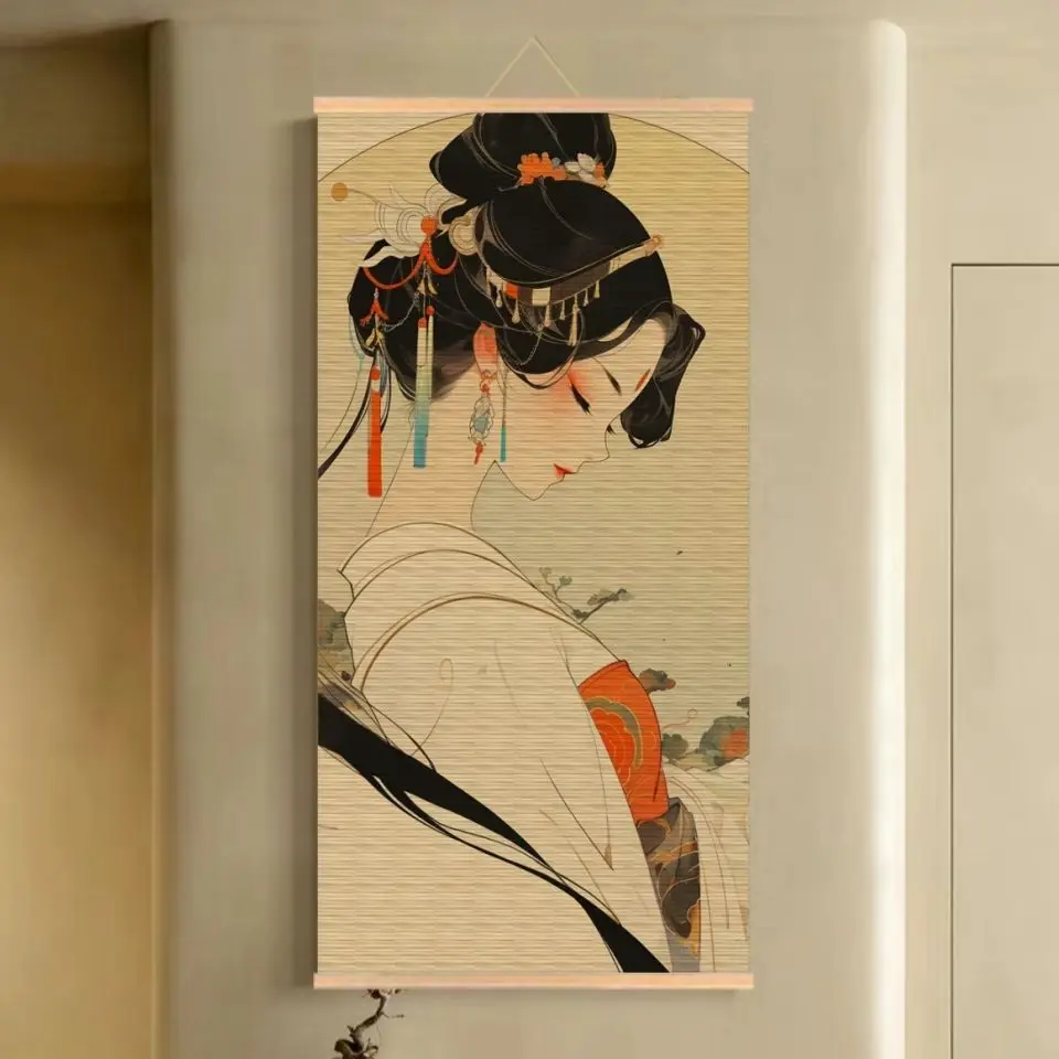 Handmade Bamboo Scroll Tapestry Wall Hanging, Classical Lady Ink Painting for Boutique Hotel Bar