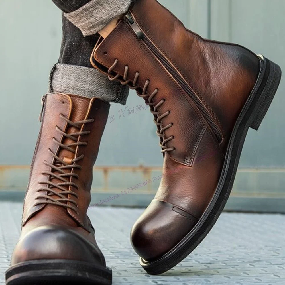 Brown Cross Tied Vintage Boots for Men Round Toe Matte Leather British Style Shoes Handmade Shoes 2023 Zapatos Para Hombres