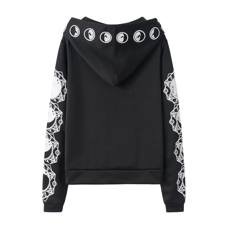 Hot Selling Black Punk Peng Hoodie with Moon Print Long Sleeved Hoodie