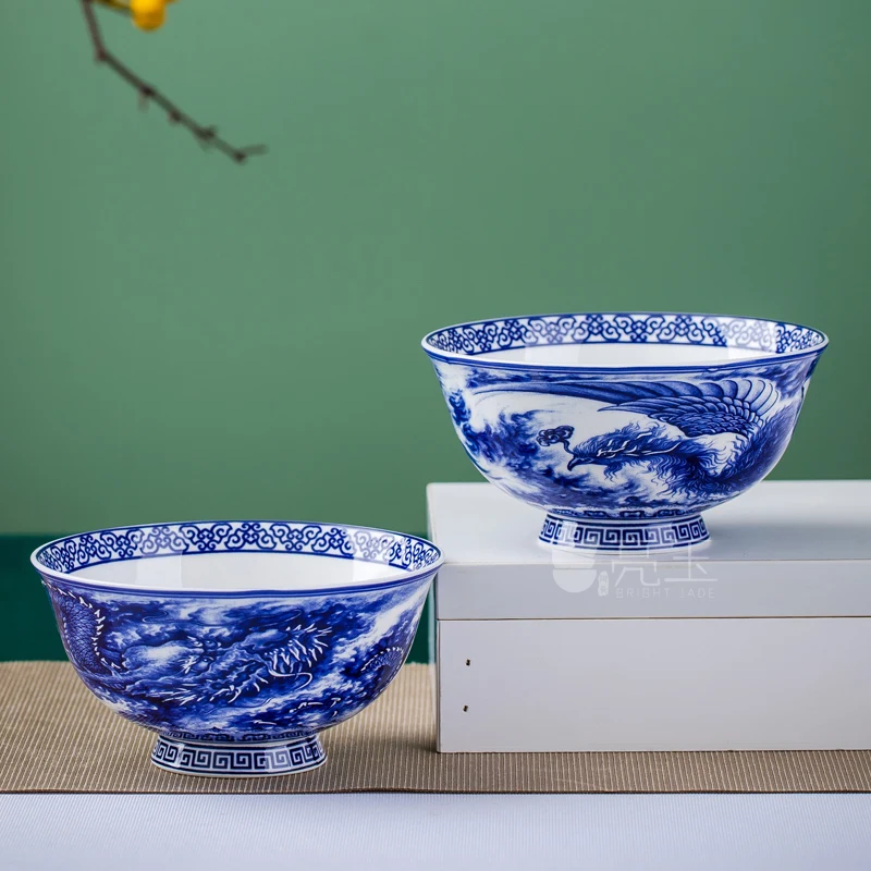 Tableware Bowl and Dish Set Ceramic Household in-Glaze Decoration Blue and White Dragon and Phoenix SingleBone China Combination