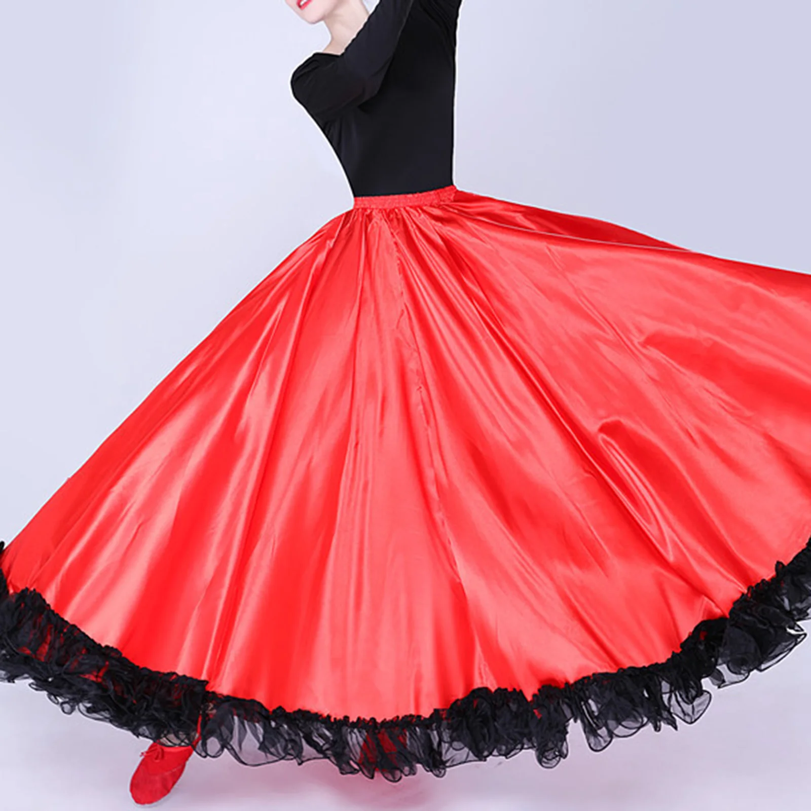 Vrouwen Spaanse Flamenco Bull Dance Rok Buikdans Rok Ruches Zoom Grote Swing Satijn Maxi Rok Podiumkostuum