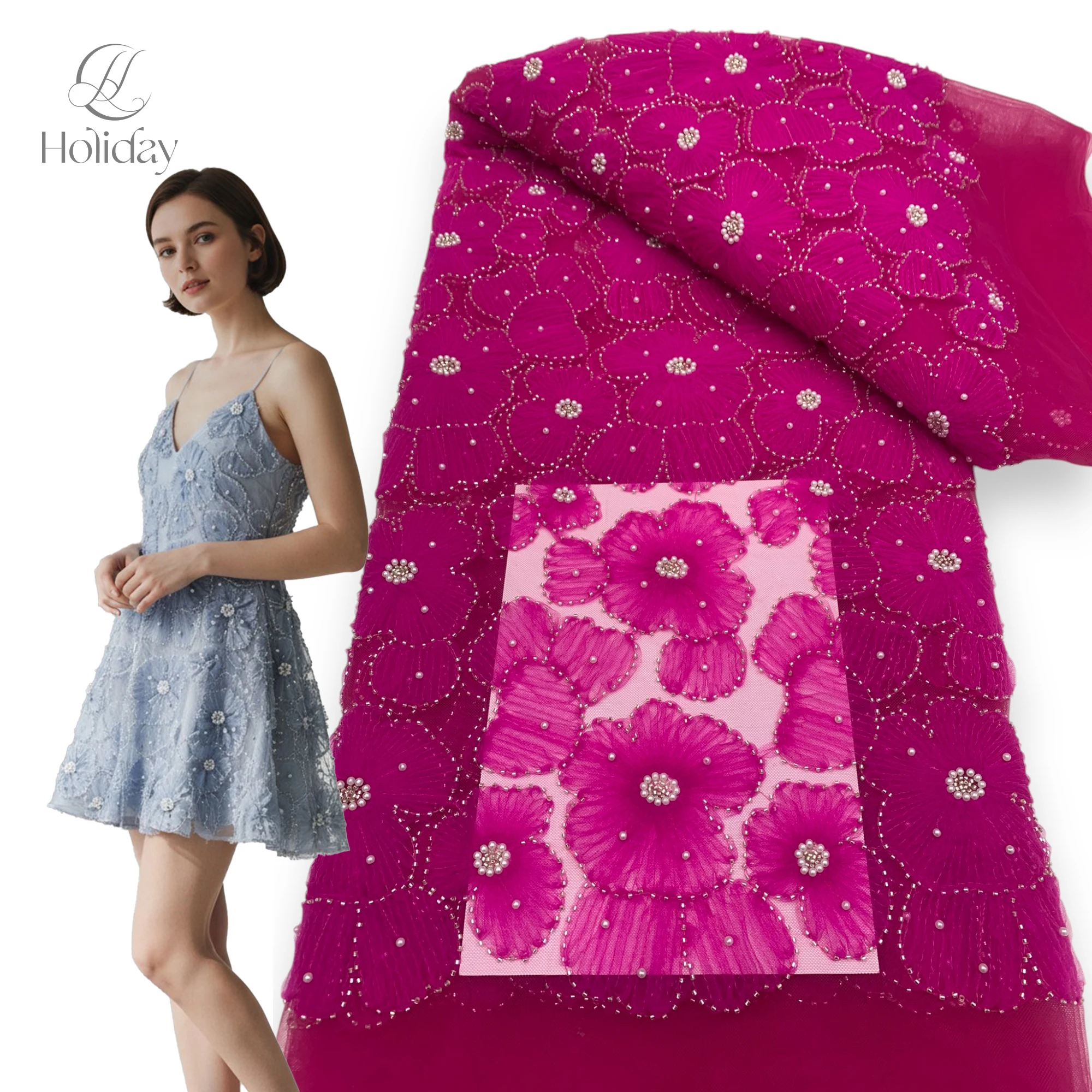 Latest High Quality Flower Lace Fabrics 3D Embroidered Beads Fabric for Party Bridal Lace Sewing Materials Colour Tulle Fabric