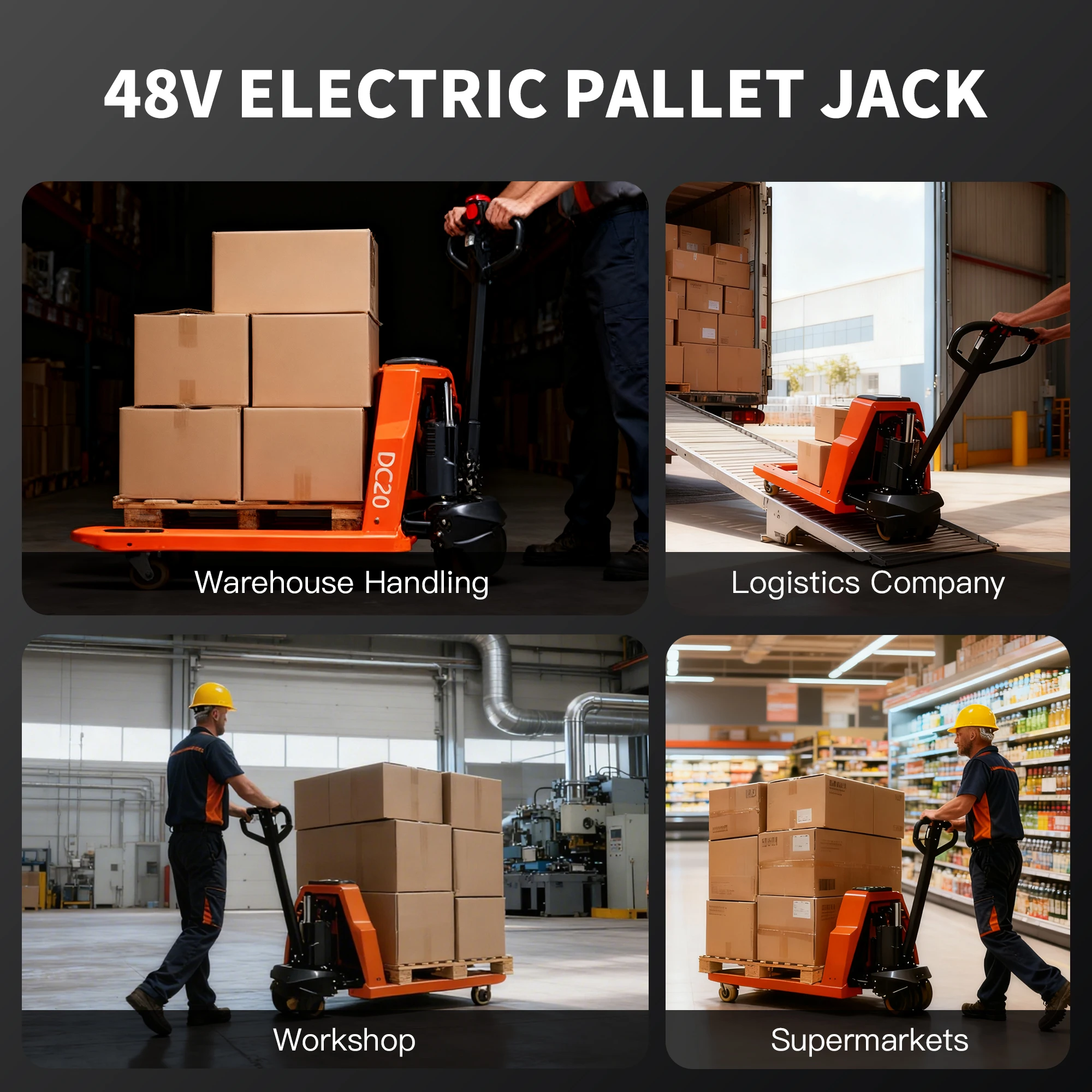 รถยกพาเลทไฟฟ้าแบตเตอรี่ลิเธียม รับน้ำหนัก 4400 ปอนด์ ความยาวงา 48 นิ้ว x 27 นิ้ว ใช้ในคลังสินค้าภายในอาคารและการขนย้าย