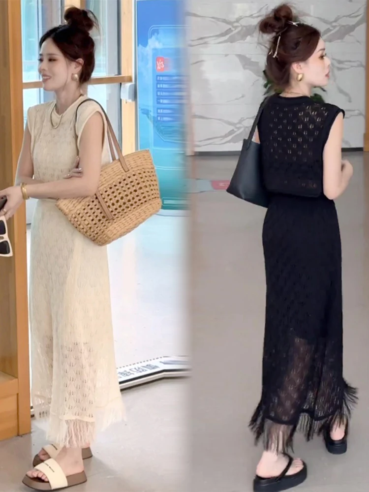 

Уникальный дизайн, весна-лето 2025: комплект из топа с вырезами и юбки с высокой талией и бахромой, модный женский...