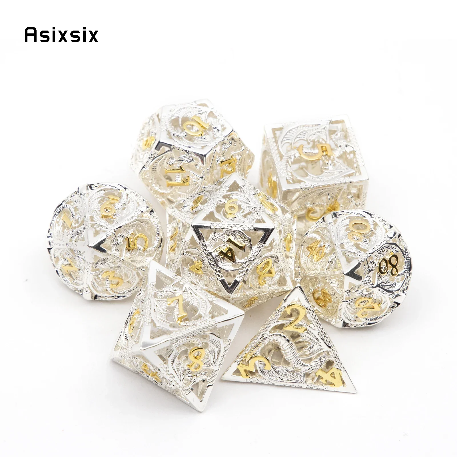 

7 Pcs White Golden Dragon Metal Dice Hollow Metal Polyhedral Dice Set Suitable for Role-Playing RPG Board Game Gift