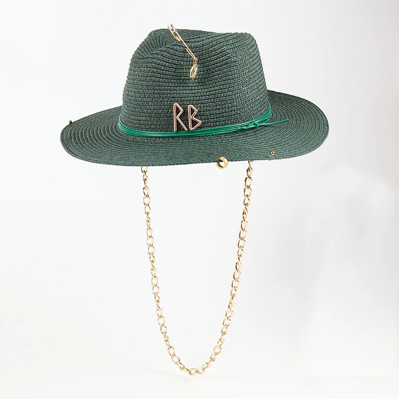 Women European American Chain Ornament Straw Sun Hat Beach Vacation Outdoor UV Shade Hat