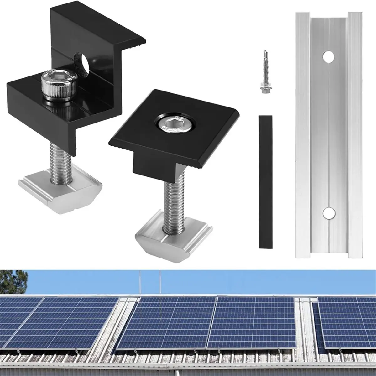 Solar Panel Bracket Kit Aluminium Mounting Rail 30mm/35mm End Clamps Brackets for Flat Roof PV Mounting Rail Black