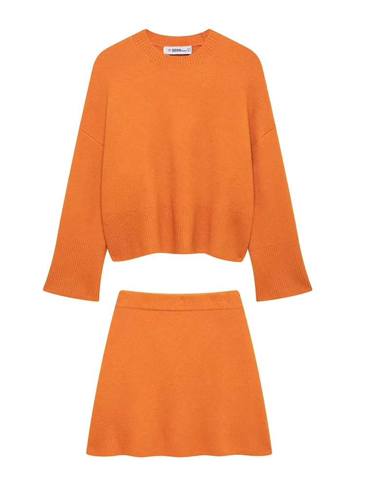 

Willshela Women Fashion 2 Piece Set Orange Knitted Pullover Sweater & Vinatge High Elastic Waist Mini Skirts Female Skirts Sets