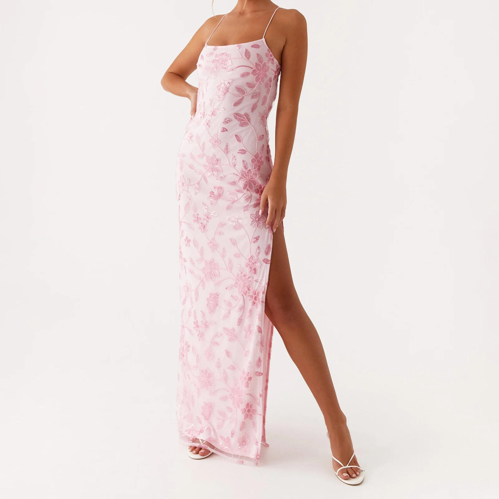 Kobiety Seksowna sukienka z cekinami z koralikami Sparkly Maxi Dress y2k Coquette Square Neck Floral Cami Side Split Glitter Bodycon Long Dress Clubwear