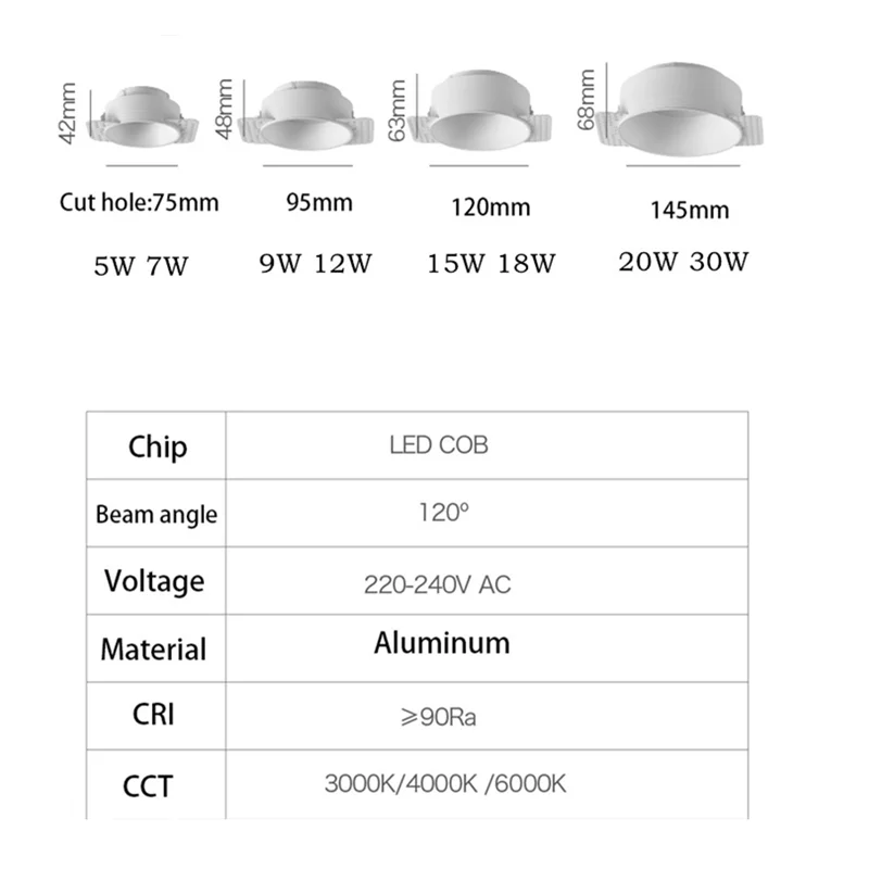 Anti Glare Recessed Frameless LED Downlight Light 7W 9W 12W Ceiling Spot Lights Background Lamps Bedroom Indoor Lighting