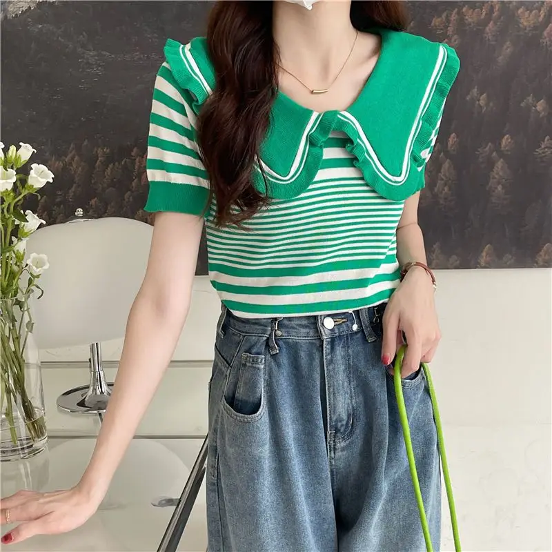 Striped Short Knitted Shirt Summer New Short Sleeve All-match Patchwork Contrast Sweet Tops Tees Vintage Fashion Women Clothing