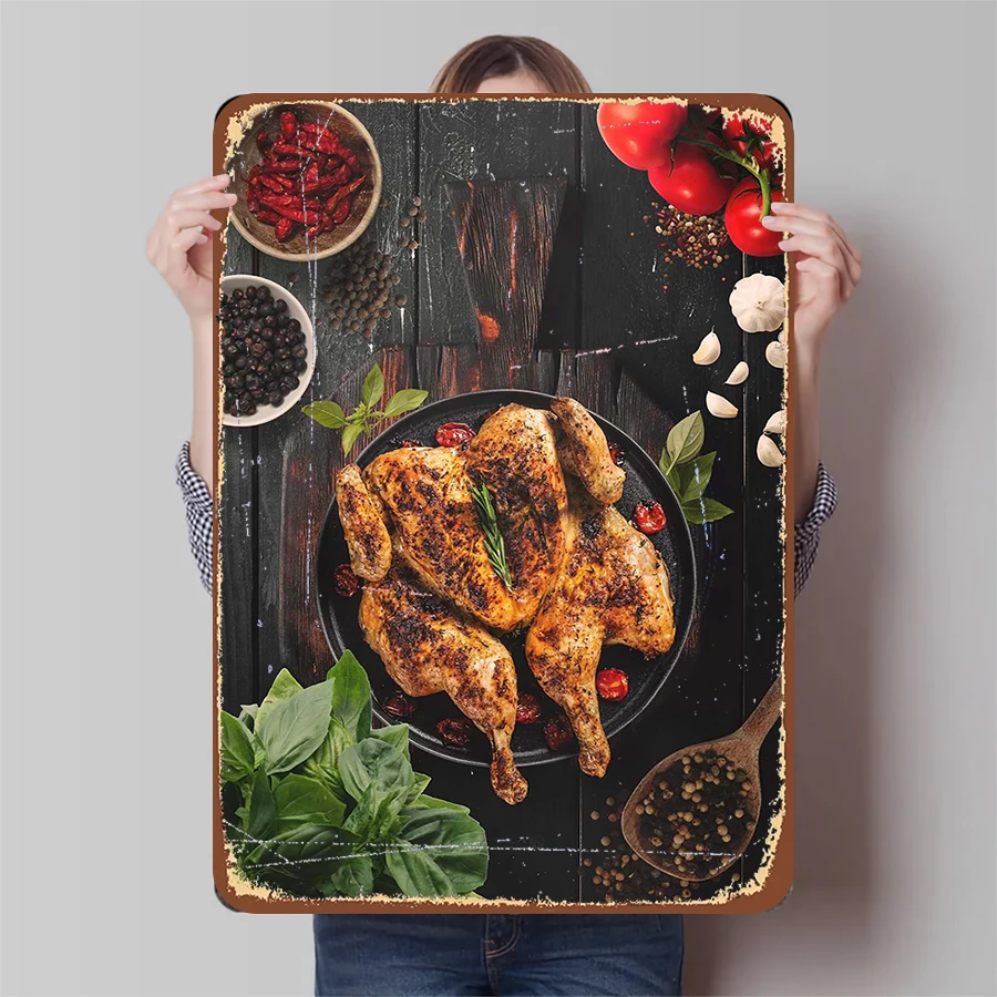 Pollo entero asado con romero y tomates, arte de pared de hierro metálico para cocina