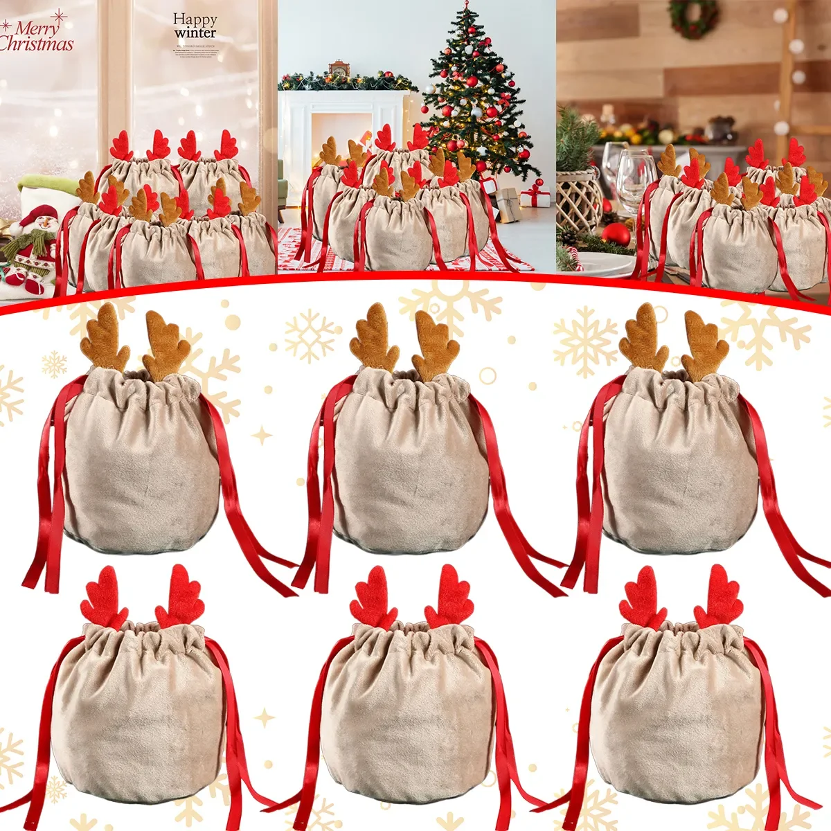 5/10 Christmas Reindeer Drawstring Gift Bag, Reusable Velvet Santa Claus Candy Gift Bag, Party Gift Decoration