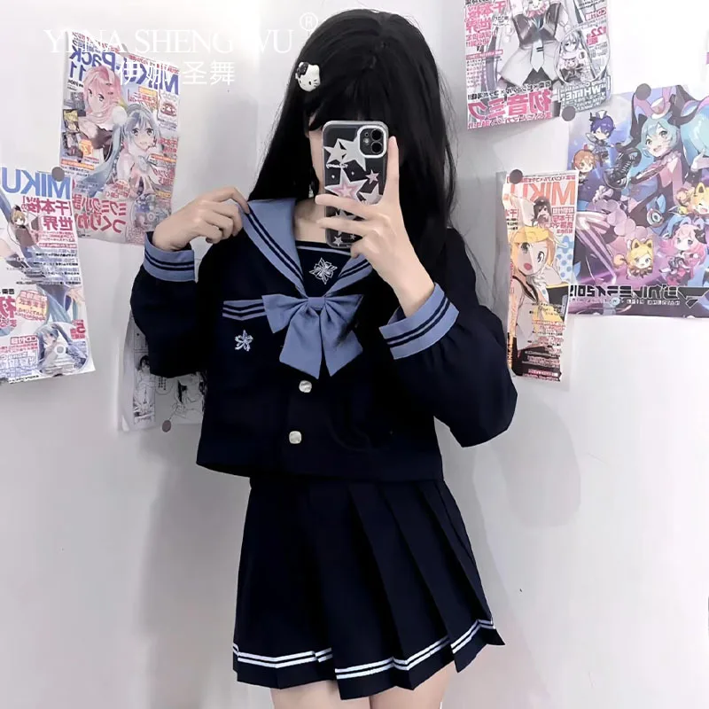 학생회 JK 코스프레 세일러 세트 플리츠 스커트, 긴팔 상의, 네이비 칼라, 활 타이, 대학 스타일, 일본 한국 세트