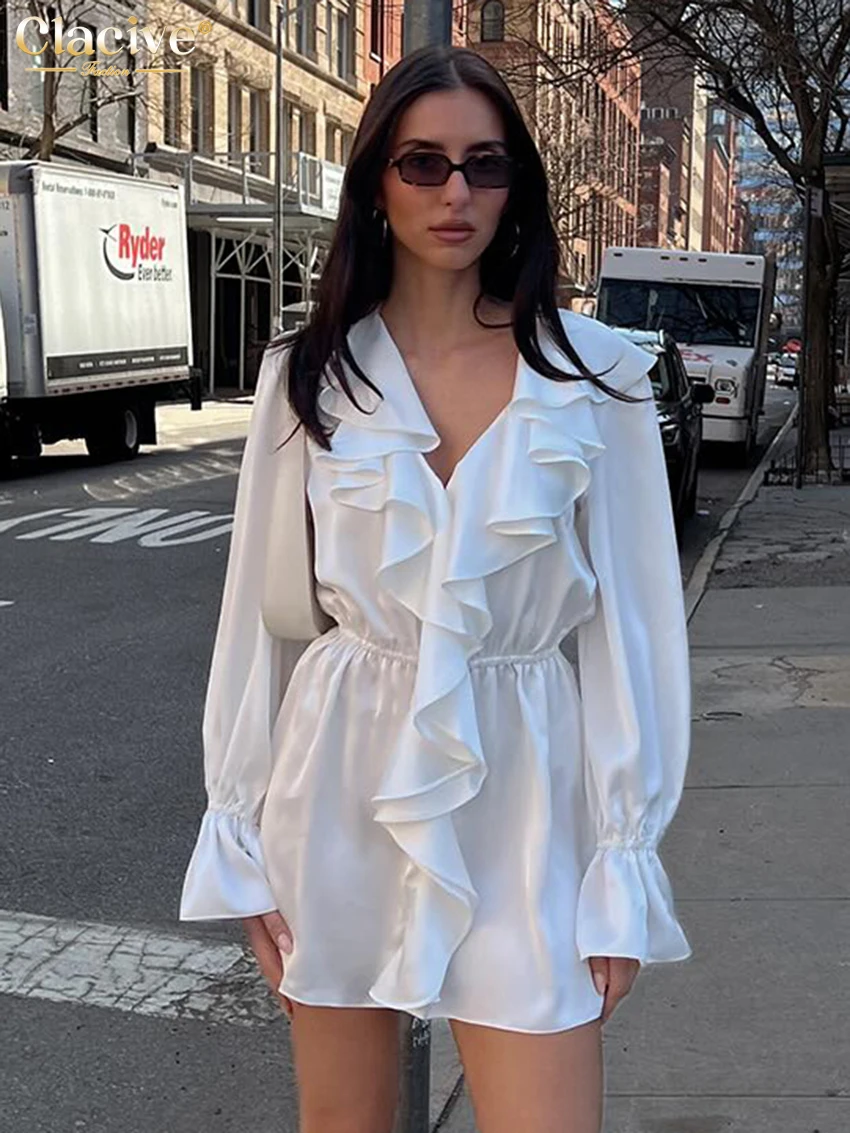 

Clacive Fashion Loose White Satin Women's Dress 2025 Casual V-Neck Long Sleeve Mini Dresses Elegant Classic Ruffle Female Dress