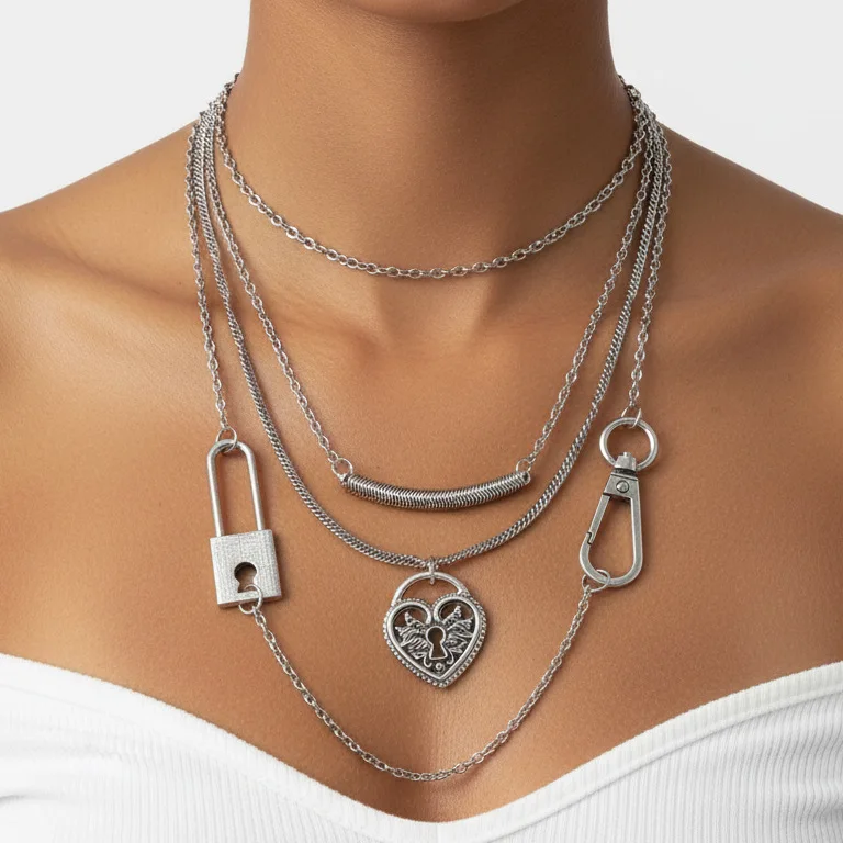 Exaggerated big-name love hollow lock multi-layer necklace female geometric metal collarbone chain design sense source