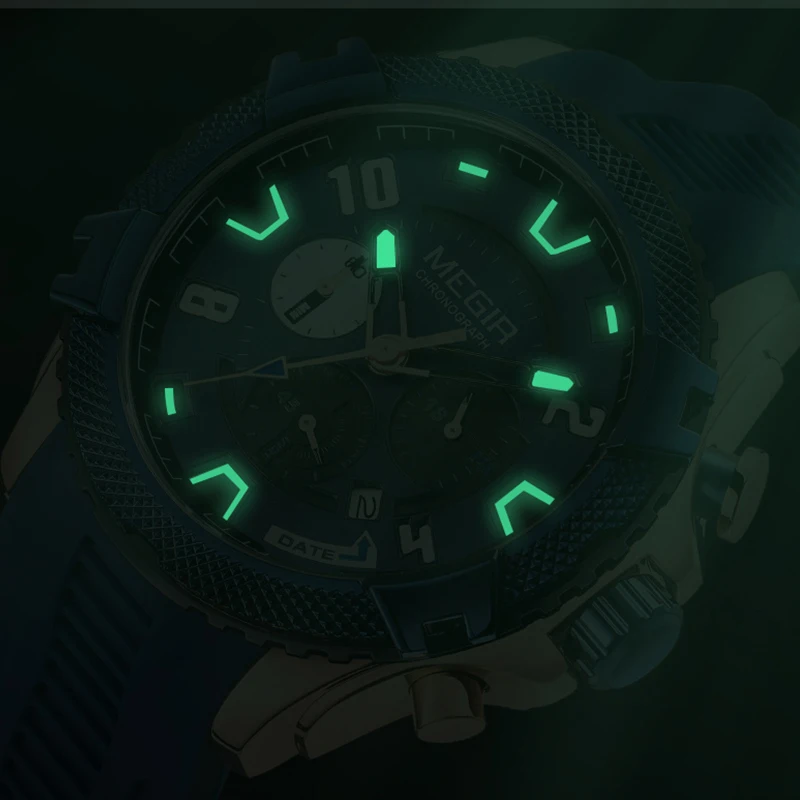 MEGIR Fashion Mens Watches Calendar Chronograph Waterproof Wristwatch Black Silicone Strap Sport Quartz Watch