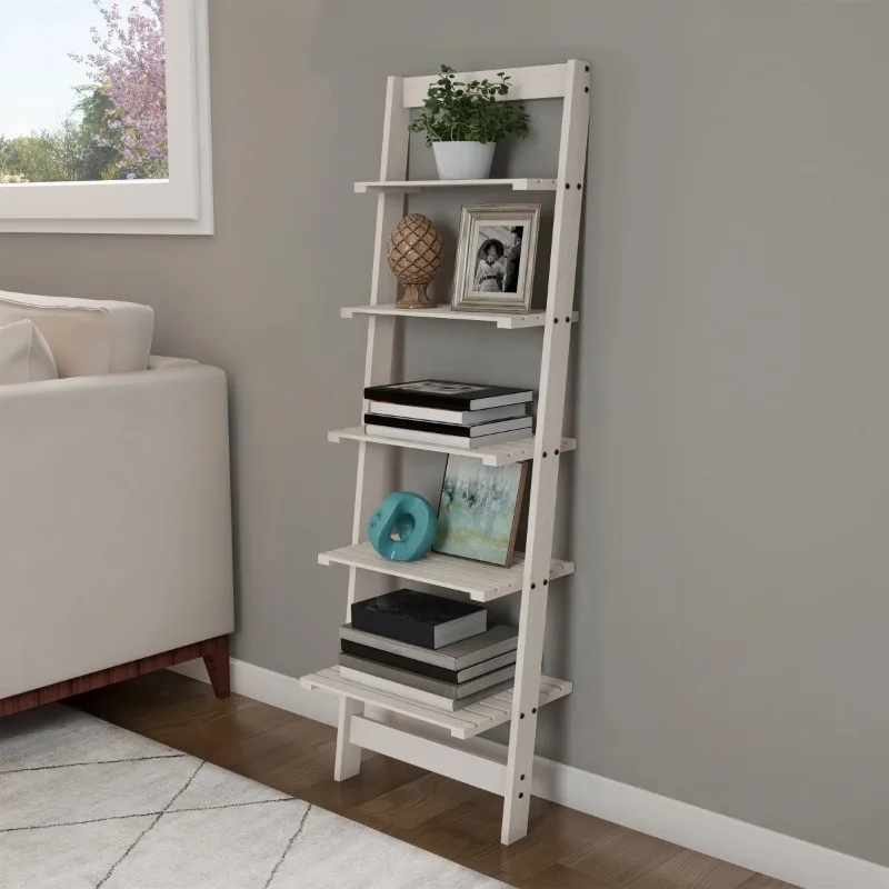 

5 Tier Ladder Shelf Leaning Bookshelf Storage Rack for Home, Office, White