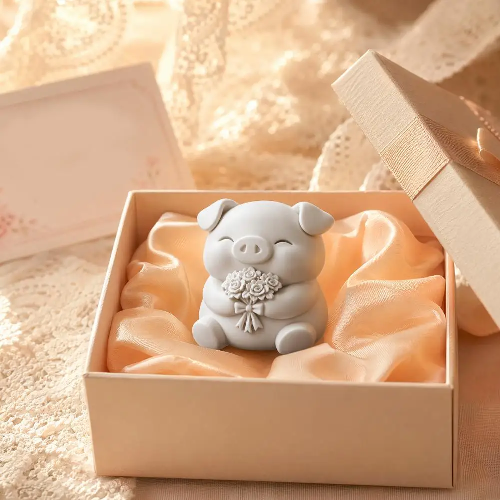 Polished 3d Printed Figure 3d Printed Pig Sculpture 3d Printed Pig Figurine Cute Small Pig Statue Holding Flower for Home
