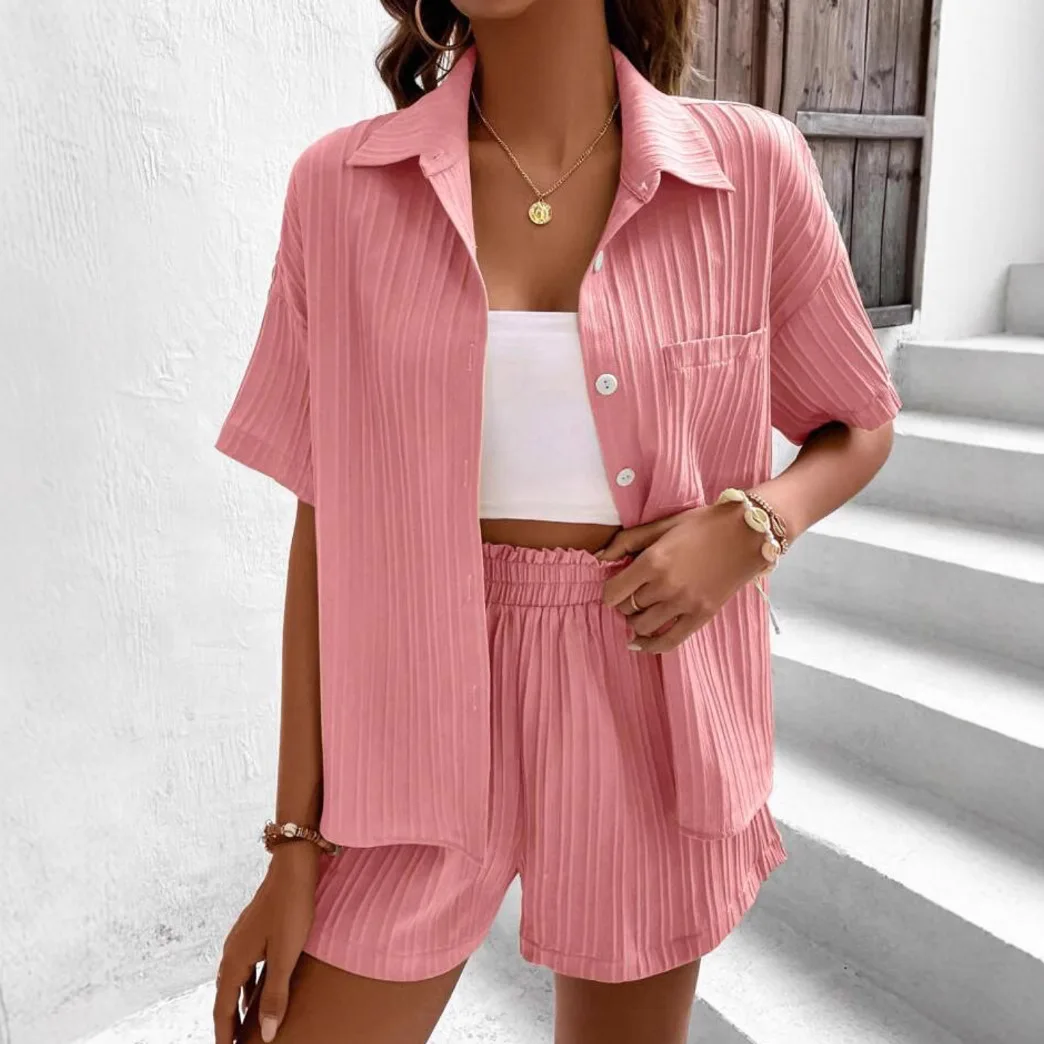 

Shorts Pant Set Women Two Piece Sets Turn Down Collar Shirt Solid Short Pants Work Casual Loose Elastic Waist Y2k Streetwear