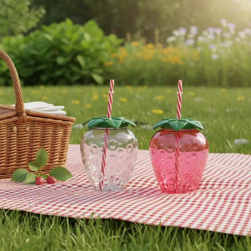 500ml Strawberry Shaped Plastic Cup With Straw Cute Water Bottle Portable Drinking Cup Beverage Cups For Summer Party Home Use
