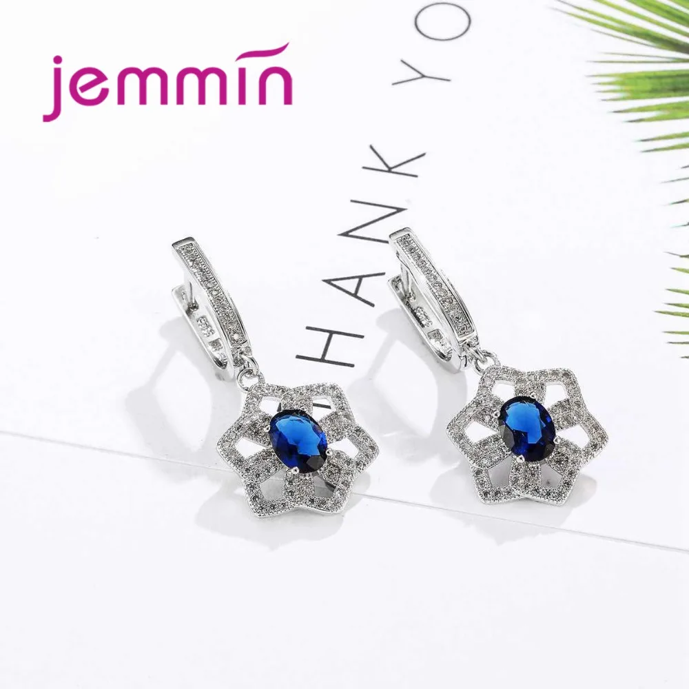 Luxurious 925 Sterling Silver Geometry Blue Crystal Zircon Necklace Drop Earrings Set for Women Girls Wedding Party Jewelry Gift view 5