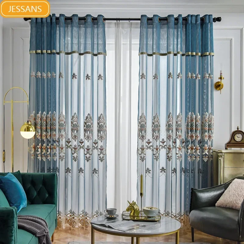 Blue Lotus New Chinese Embroidery Water Soluble Lace Screen Curtains for Living Room French Window Balcony Customized