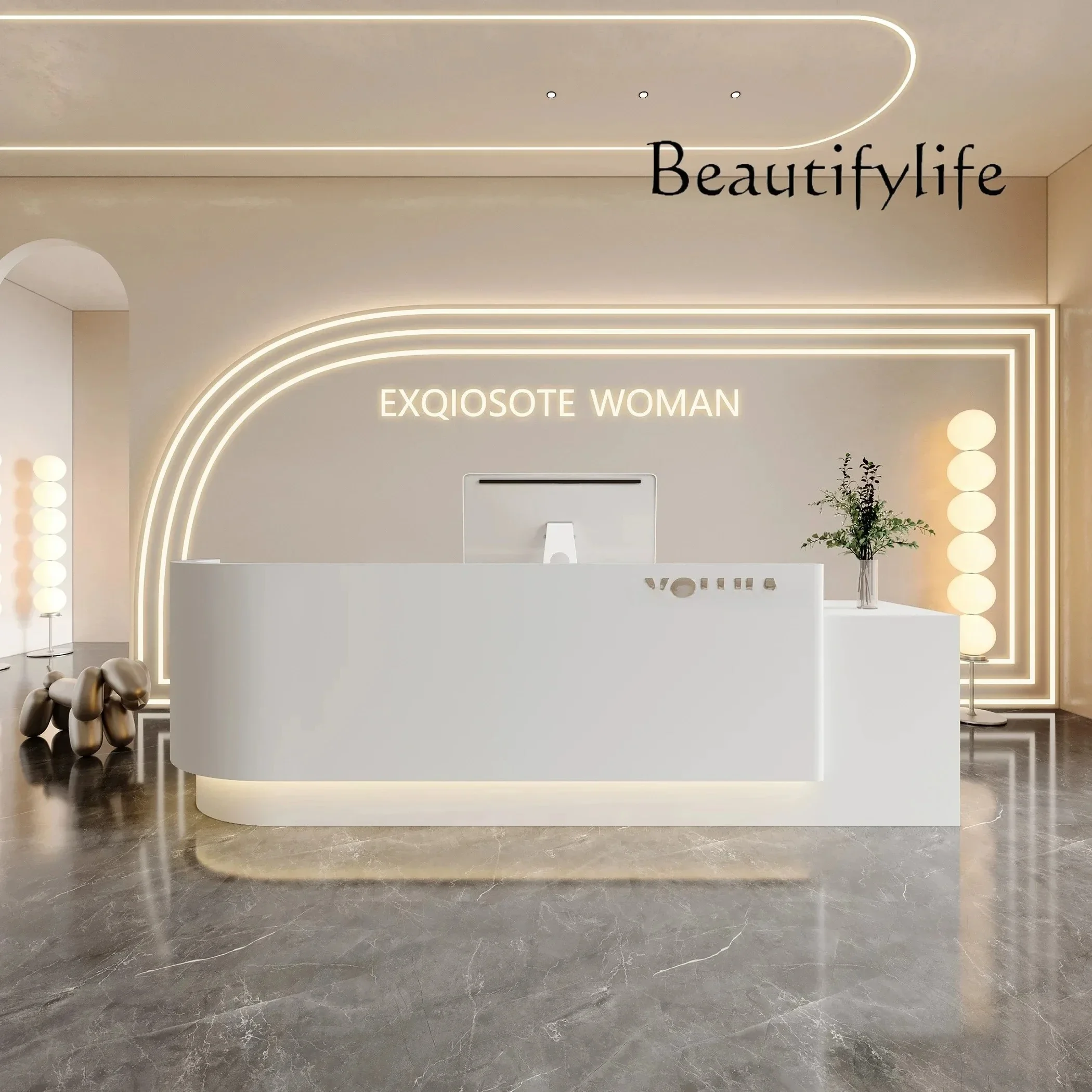 

Simple modern beauty salon company front desk light luxury high sense checkout page paintLX
