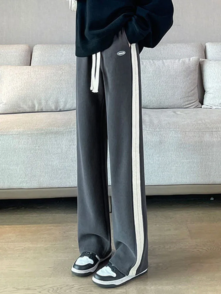 Side Striped High Waisted Elastic Waist Straight Pants Korean Fashion Baggy Wide Leg Pantalones Women's Casual Loose Sweatpants