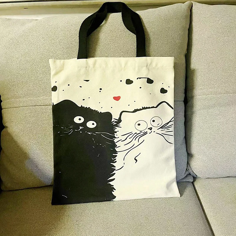 Borsa in tela borsa per la spesa stampata digitale ad alta definizione con motivo a gatto borsa in lino ecologica e portatile