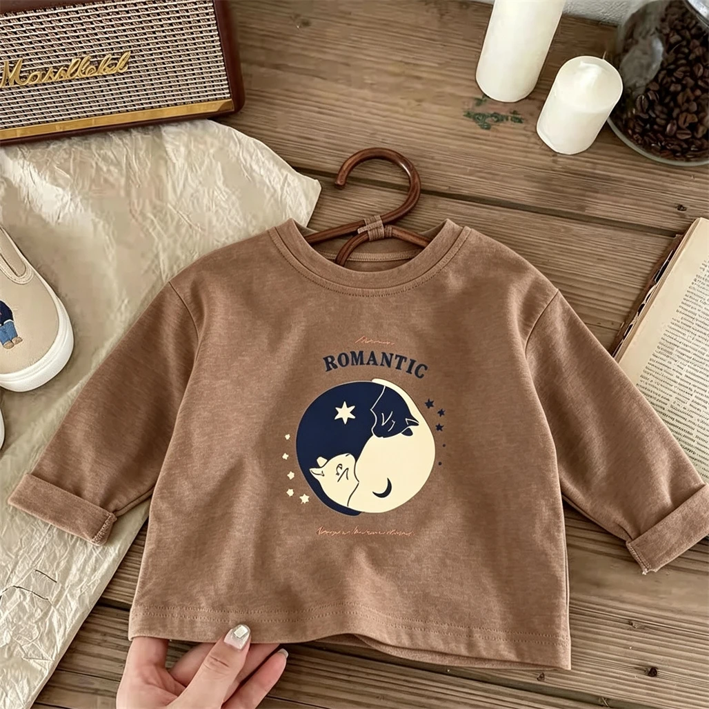 Printing T-shirt Crewneck Base Shirt For Children Loose Casual Tees Solid Color Versatile Tops Boys Girls Round Neck Pullovers