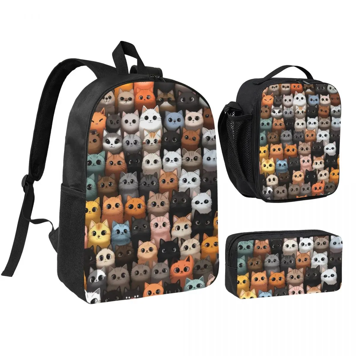 Cartoon Cat Kitten Pattern Backpack Boys Girls BookBag School Bag Shoulder Bags 3ps Insulated Lunch Bag Pencil Case