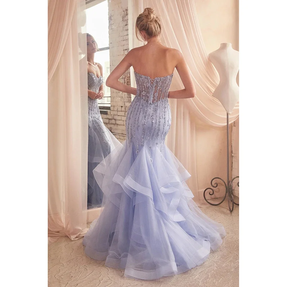 Luxury  Solid Color Lace Up Evening Dress Elegant Appliques Floor Length Straight Strapless Special Prom Dress