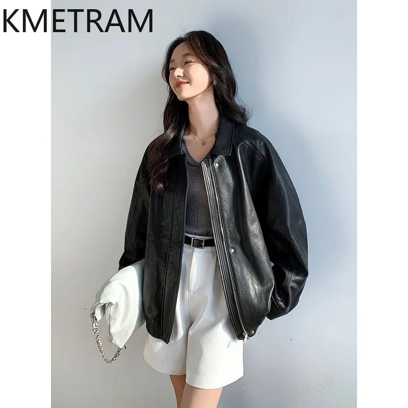 KMETRAM 100% Vegetable-Tanned Sheepskin Leather Jacket Woman Retro Mid-Length Coat Autumn Loose Jackets 2026 Women Clothing 가죽자켓