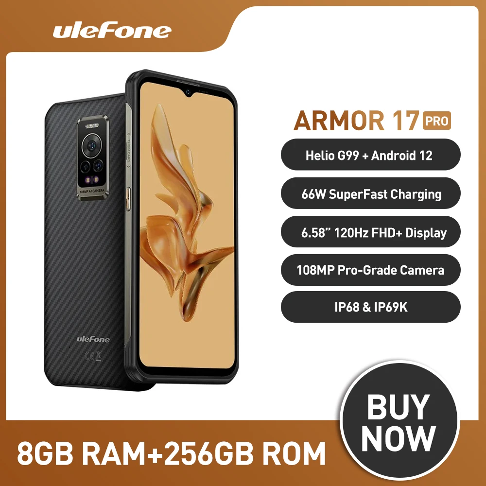 

Ulefone Armor 17 Pro Rugged phone 120Hz 108MP Android 12 Night Vision Helio G99 8GB 256GB Mobile Phones NFC Smartphone Global