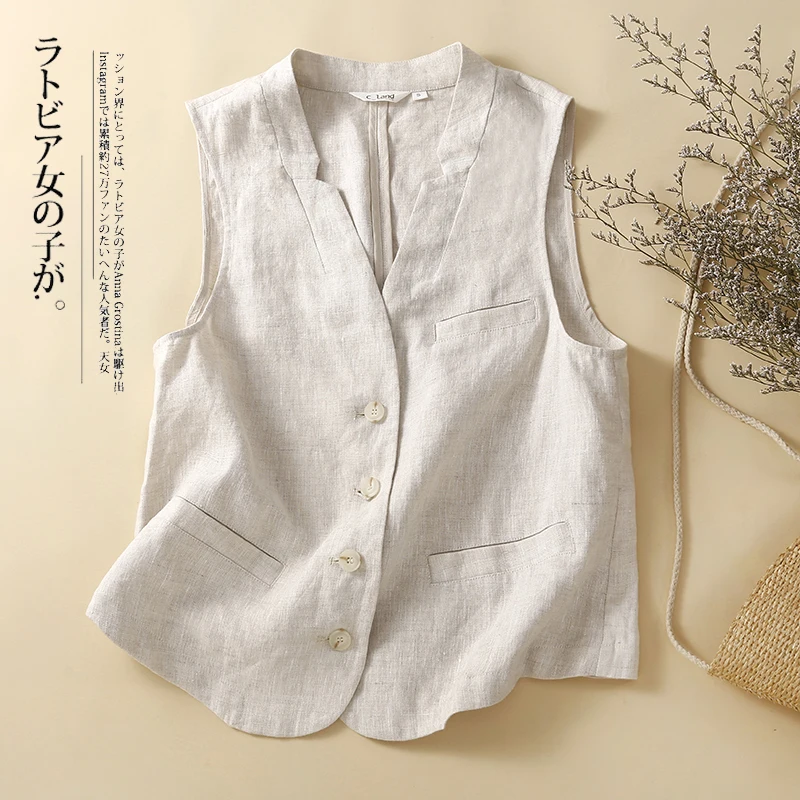 High-End Casual Thin Cotton Linen Jacket Women Summer Sleeveless Outerwear Shoulder Pad Cotton Linen Vest Short Length Single...